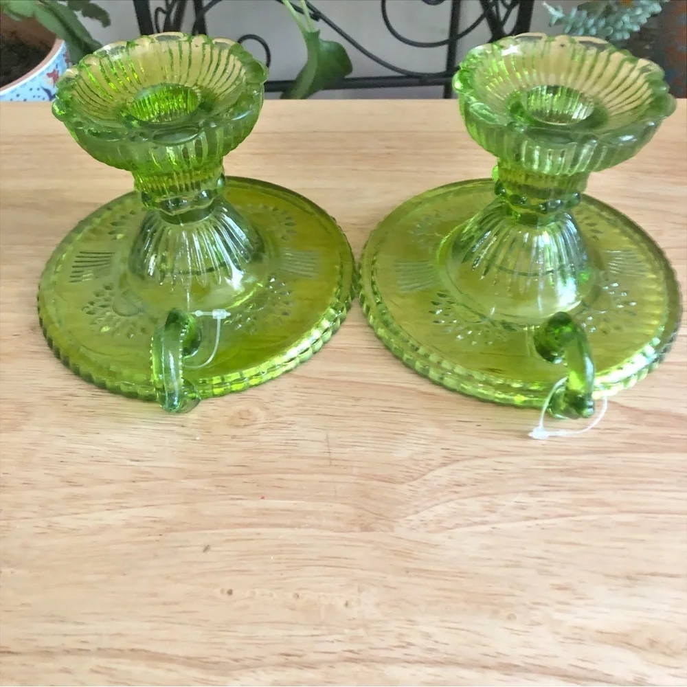 Pier 1 Imports Green Pressed Glass Chambersticks Taper Candlestick Holders Set 2